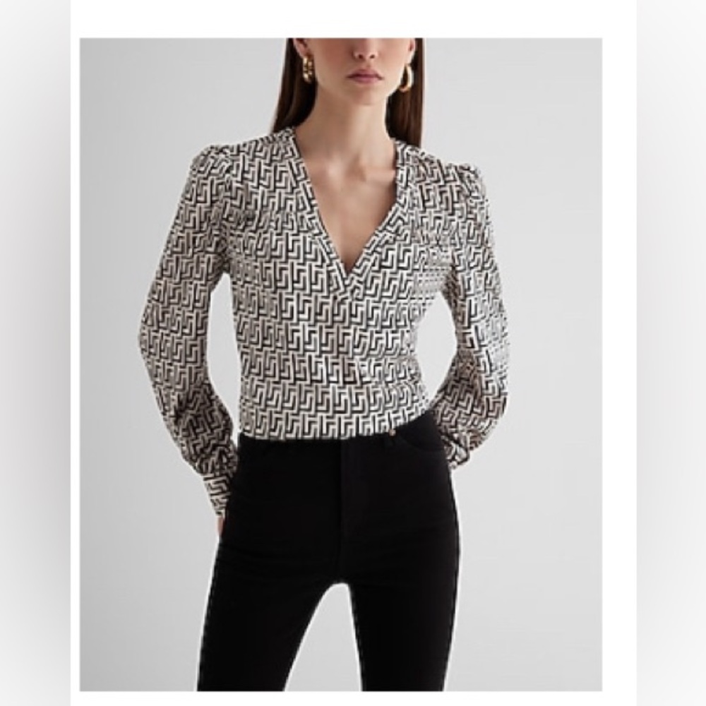 Express satin printed v-neck long sleeve gathered front top. Size xs